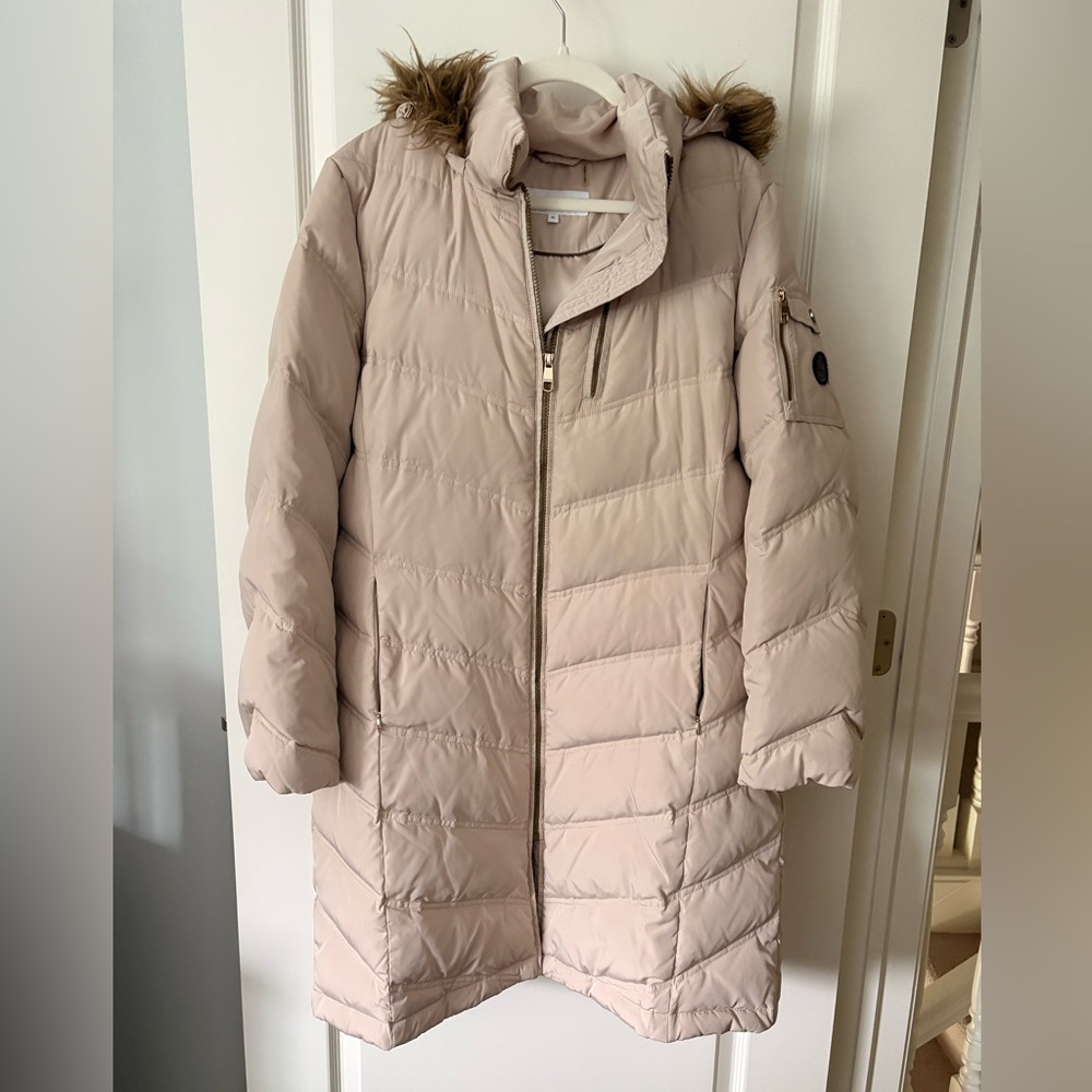 Calvin Klein Beige Quilted Long Puffer Coat with Faux Fur Hood